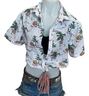 Hawaiian Shirt Tropical Button Down Crop Top One Size Oversized Unique Vacation